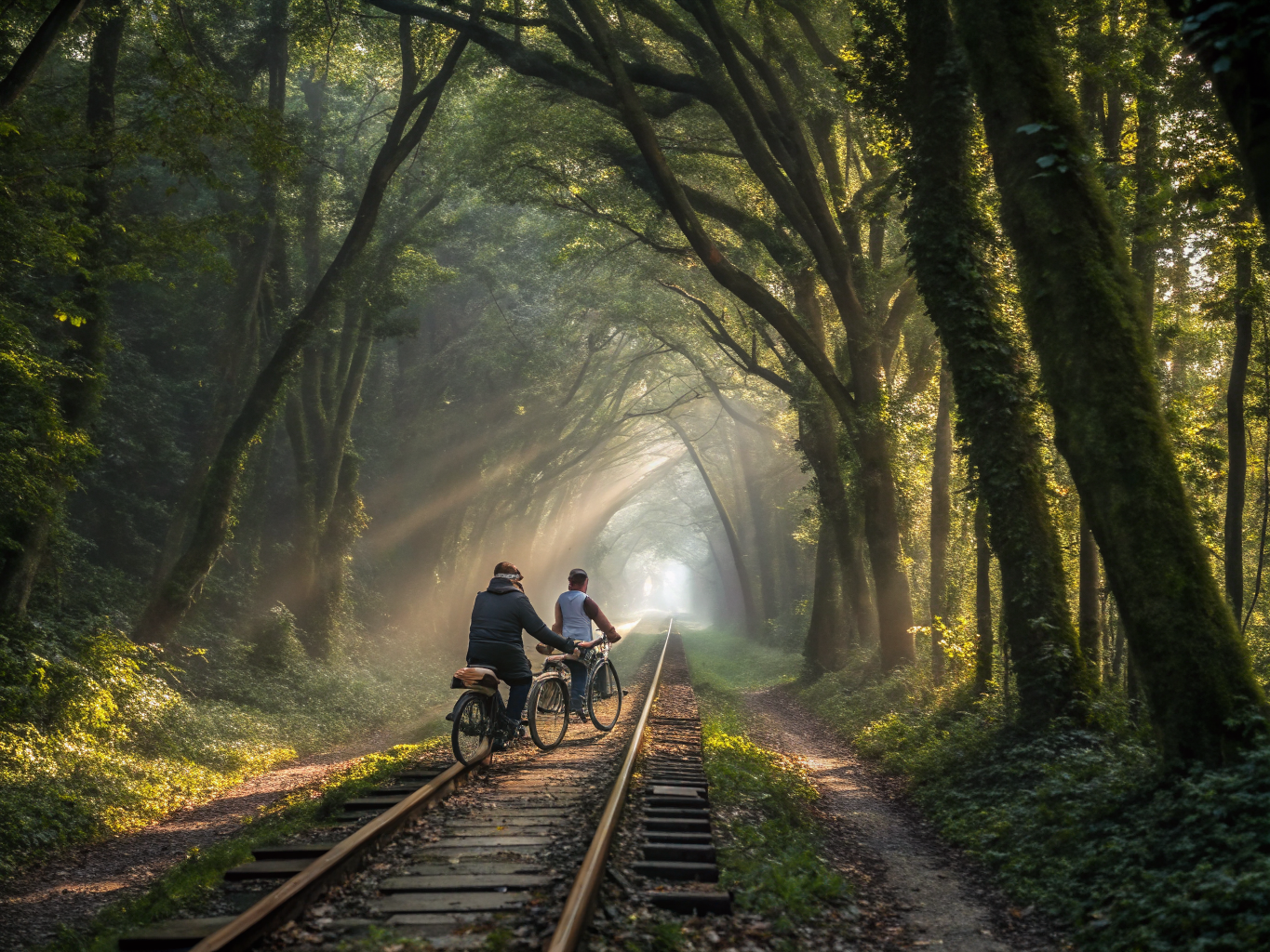 Peaceful velorail journey under a dense green forest canopy