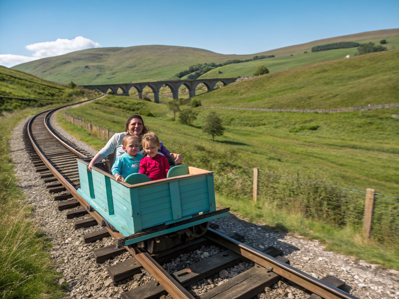 Family enjoying a scenic velorail ride through the French countryside